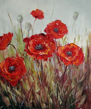 Malerei mit dem Titel "Red Flower 101" von Greg Leander, Original-Kunstwerk, Öl Auf Keilrahmen aus Holz montiert