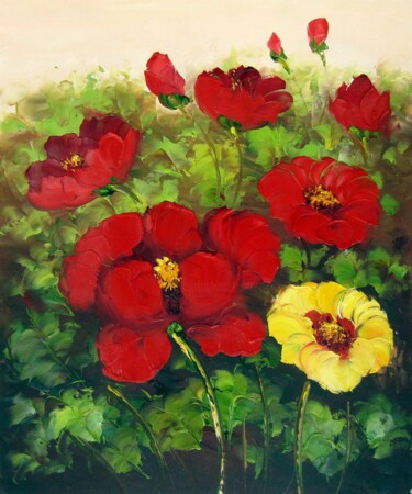 Painting titled "Red Flower 102" by Greg Leander, Original Artwork, Oil Mounted on Wood Stretcher frame