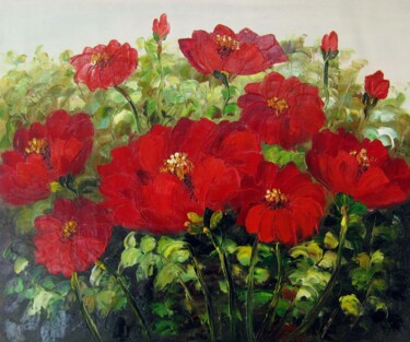 Painting titled "Red Flower 103" by Greg Leander, Original Artwork, Oil Mounted on Wood Stretcher frame