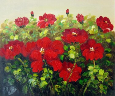 Painting titled "Red Flower 104" by Greg Leander, Original Artwork, Oil Mounted on Wood Stretcher frame