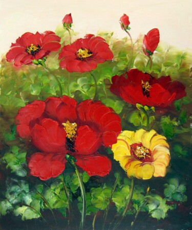 Painting titled "Red Flower 105" by Greg Leander, Original Artwork, Oil Mounted on Wood Stretcher frame