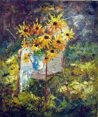Painting titled "Vase Flower 204" by Greg Leander, Original Artwork, Oil Mounted on Wood Stretcher frame
