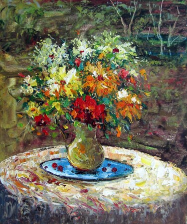 Painting titled "Vase Flower 210" by Greg Leander, Original Artwork, Oil Mounted on Wood Stretcher frame