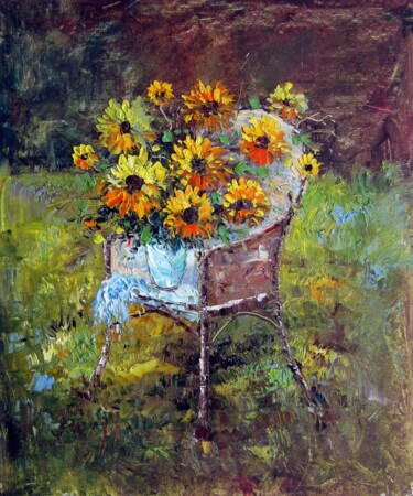 Painting titled "Vase Flower 213" by Greg Leander, Original Artwork, Oil Mounted on Wood Stretcher frame