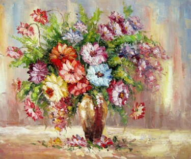 Painting titled "Vase Flower 220" by Greg Leander, Original Artwork, Oil Mounted on Wood Stretcher frame