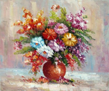Painting titled "Vase Flower 221" by Greg Leander, Original Artwork, Oil Mounted on Wood Stretcher frame