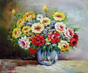 Painting titled "Vase Flower 310" by Greg Leander, Original Artwork, Oil Mounted on Wood Stretcher frame