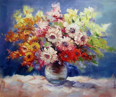 Painting titled "Vase Flower 315" by Greg Leander, Original Artwork, Oil Mounted on Wood Stretcher frame