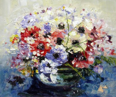 Painting titled "Vase Flower 316" by Greg Leander, Original Artwork, Oil Mounted on Wood Stretcher frame