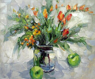 Painting titled "Vase Flower 317" by Greg Leander, Original Artwork, Oil Mounted on Wood Stretcher frame