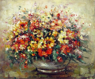 Painting titled "Vase Flower 321" by Greg Leander, Original Artwork, Oil Mounted on Wood Stretcher frame