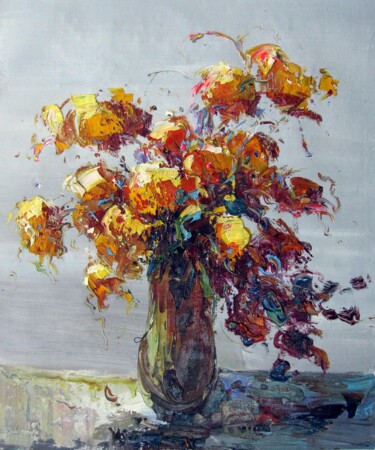 Ζωγραφική με τίτλο "Vase Flower 327" από Greg Leander, Αυθεντικά έργα τέχνης, Λάδι Τοποθετήθηκε στο Ξύλινο φορείο σκελετό