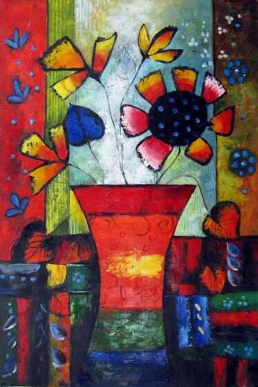 Painting titled "Flower deco 537" by Greg Leander, Original Artwork, Oil Mounted on Wood Stretcher frame