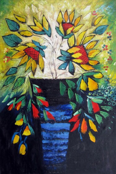 Painting titled "Flower deco 538" by Greg Leander, Original Artwork, Oil Mounted on Wood Stretcher frame