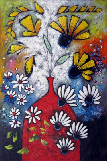 Ζωγραφική με τίτλο "Flower deco 539" από Greg Leander, Αυθεντικά έργα τέχνης, Λάδι Τοποθετήθηκε στο Ξύλινο φορείο σκελετό