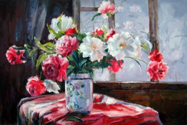 Painting titled "Vase flower 532" by Greg Leander, Original Artwork, Oil Mounted on Wood Stretcher frame