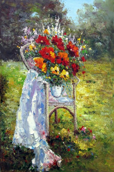 Painting titled "Flowers on chair 001" by Greg Leander, Original Artwork, Oil Mounted on Wood Stretcher frame