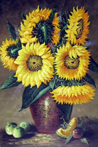 Ζωγραφική με τίτλο "Sunflower 203" από Greg Leander, Αυθεντικά έργα τέχνης, Λάδι Τοποθετήθηκε στο Ξύλινο φορείο σκελετό