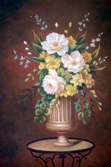 Painting titled "Vase Flower 501" by Greg Leander, Original Artwork, Oil Mounted on Wood Stretcher frame
