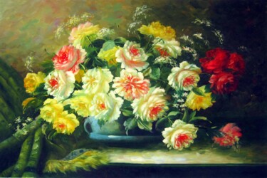 Painting titled "Vase Flower 505" by Greg Leander, Original Artwork, Oil Mounted on Wood Stretcher frame
