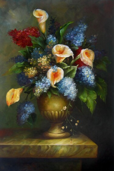 Painting titled "Vase Flower 507" by Greg Leander, Original Artwork, Oil Mounted on Wood Stretcher frame