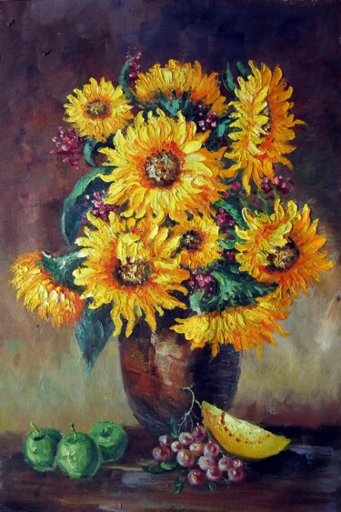 Painting titled "Sunflower 301" by Greg Leander, Original Artwork, Oil Mounted on Wood Stretcher frame