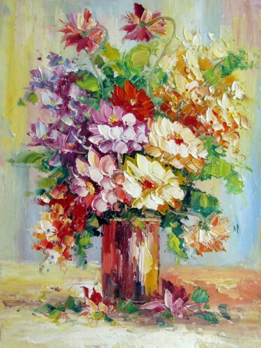 Painting titled "Vase Flower 008" by Greg Leander, Original Artwork, Oil Mounted on Wood Stretcher frame