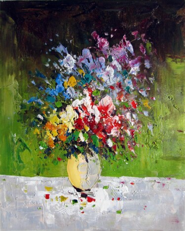 Painting titled "Vase Flower 114" by Greg Leander, Original Artwork, Oil Mounted on Wood Stretcher frame