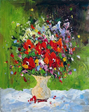 Painting titled "Vase Flower 115" by Greg Leander, Original Artwork, Oil Mounted on Wood Stretcher frame