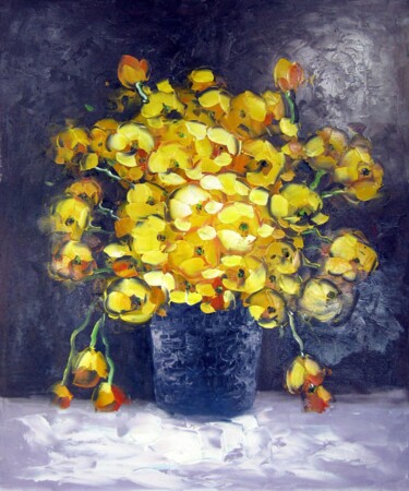 Painting titled "Vase Flower 226" by Greg Leander, Original Artwork, Oil Mounted on Wood Stretcher frame