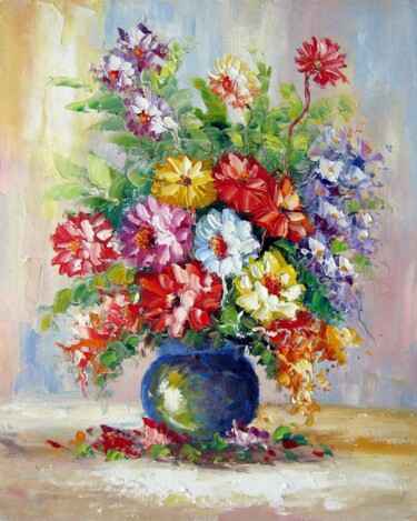 Malerei mit dem Titel "Vase Flower 103" von Greg Leander, Original-Kunstwerk, Öl Auf Keilrahmen aus Holz montiert