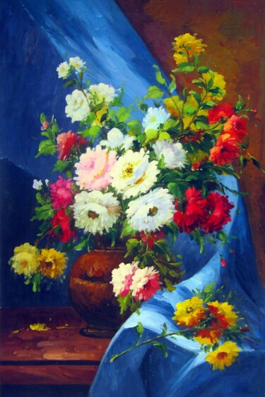 Malerei mit dem Titel "Vase flower 500" von Greg Leander, Original-Kunstwerk, Öl Auf Keilrahmen aus Holz montiert