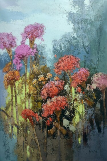 Картина под названием "Wild flowers 001" - Greg Leander, Подлинное произведение искусства, Масло Установлен на Деревянная ра…