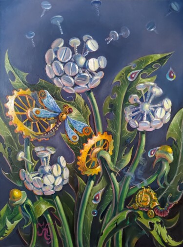 Painting titled "Steampunk Flowers" by Greg Known, Original Artwork, Oil