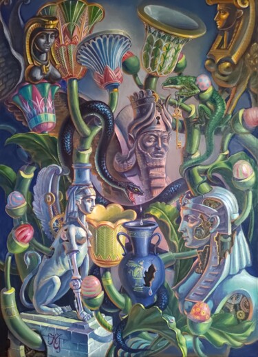 Peinture intitulée "Sphinxes and Lotuses" par Greg Known, Œuvre d'art originale, Huile