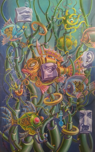 Painting titled "Steampunk Aquarium" by Greg Known, Original Artwork, Oil