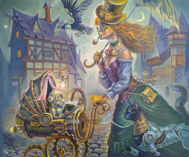 Painting titled "Steampunk walk on a…" by Greg Known, Original Artwork, Oil