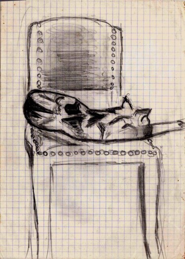 Drawing titled "Chat sur chaise" by Grégoire Koboyan (Cricorps), Original Artwork, Conté