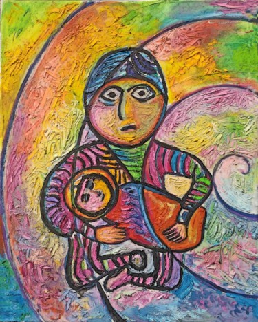 Schilderij getiteld "mère et enfant" door Grégoire Koboyan (Cricorps), Origineel Kunstwerk, Olie