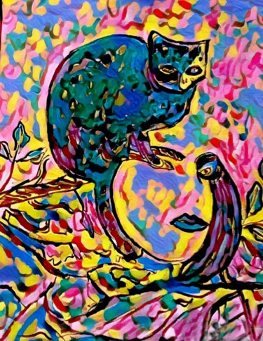 Arts numériques intitulée "Le chat et l'oiseau…" par Grégoire Koboyan (Cricorps), Œuvre d'art originale, Peinture numérique
