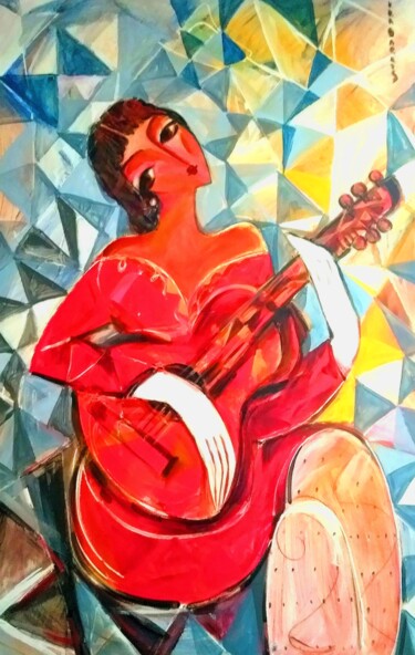 Peinture intitulée "Femme à la guitare…" par Grégoire Koboyan (Cricorps), Œuvre d'art originale, Huile