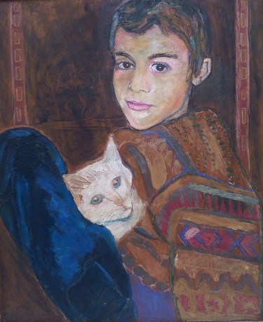 Painting titled "Oskian et  le chat…" by Grégoire Koboyan (Cricorps), Original Artwork, Oil