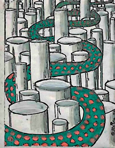 Painting titled "Serpent vert et rou…" by Grégoire Koboyan (Cricorps), Original Artwork, Gouache