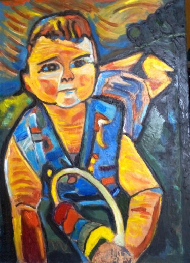 Painting titled "Mon fils musicien" by Grégoire Koboyan (Cricorps), Original Artwork, Oil