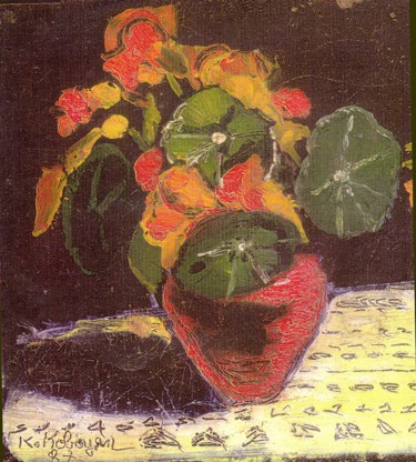 Painting titled "capucines et  pot r…" by Grégoire Koboyan (Cricorps), Original Artwork, Oil