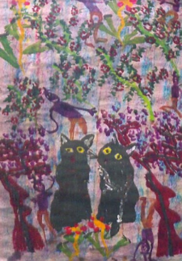 Pintura titulada "Deux chats noirs" por Grégoire Koutsandréou, Obra de arte original, Acrílico
