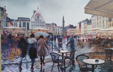 Pintura intitulada "Lille sous la pluie" por Grégoire Mathieu, Obras de arte originais, Óleo Montado em Armação em madeira