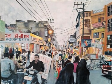 Peinture intitulée "Rue de Moradabad" par Grégoire Mathieu, Œuvre d'art originale, Huile Monté sur Châssis en bois