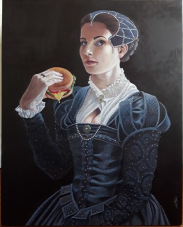 Painting titled "Anachronisme" by Grégoire Mathieu, Original Artwork, Oil Mounted on Wood Stretcher frame