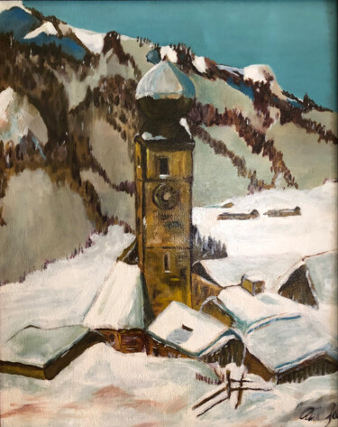 Pittura intitolato "Winter village" da Gregory Anoufriev, Opera d'arte originale, Olio